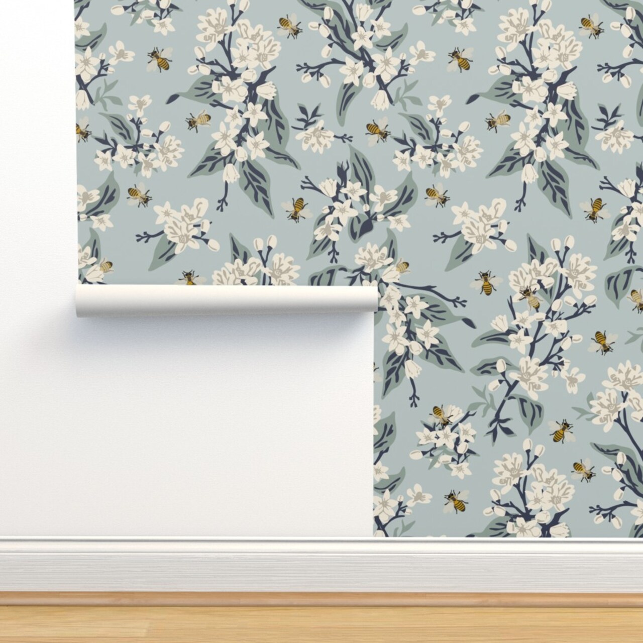Vintage Inspired Modern Farmhouse Painted Honeybee White Floral Botanical Pastel Blue Custom Removable Wallpaper by Spoonflower Peel & Stick Wallpaper 2FT Wide